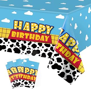Ragnhild 3 Pack Cow Print Birthday Party Supplies Cow Pattern Printed Table Cover Blue Sky and White Cloud Tablecloths Birthday Party Decoration for Boy Girl Kid Birthday Party Decor 54 x 108 inch
