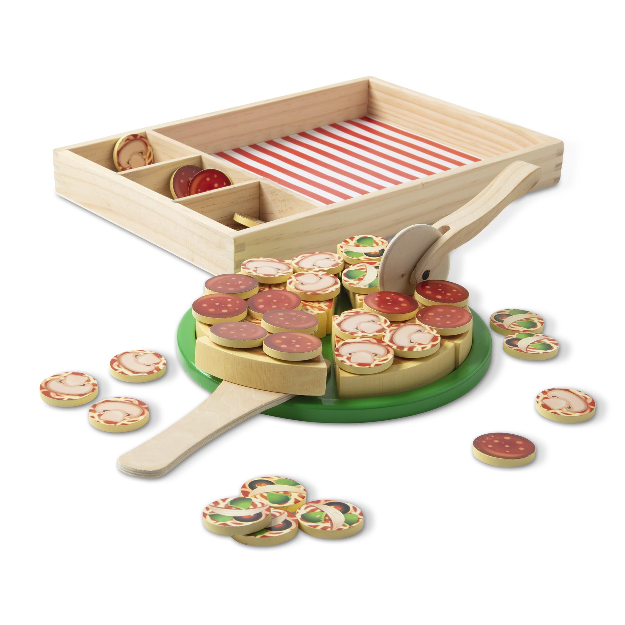 Melissa & Doug Wooden Pizza Party Play Set, 36 Self-Stick Toppings, Pizza Toy Ki