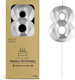 BEAN LIEVE 2.76 Inch Silver Number Candles 8 - Diamond Birthday Cake Candles with Metallic Finish for Party, Anniversary, Graduation Decorations.