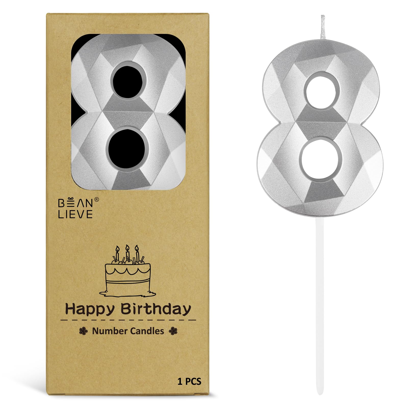 BEAN LIEVE 2.76 Inch Silver Number Candles 8 - Diamond Birthday Cake Candles wit