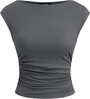 CIDER Women Ruched Boat Neck Sleeveless Tank Top Knitted Slim Fit Tank Top