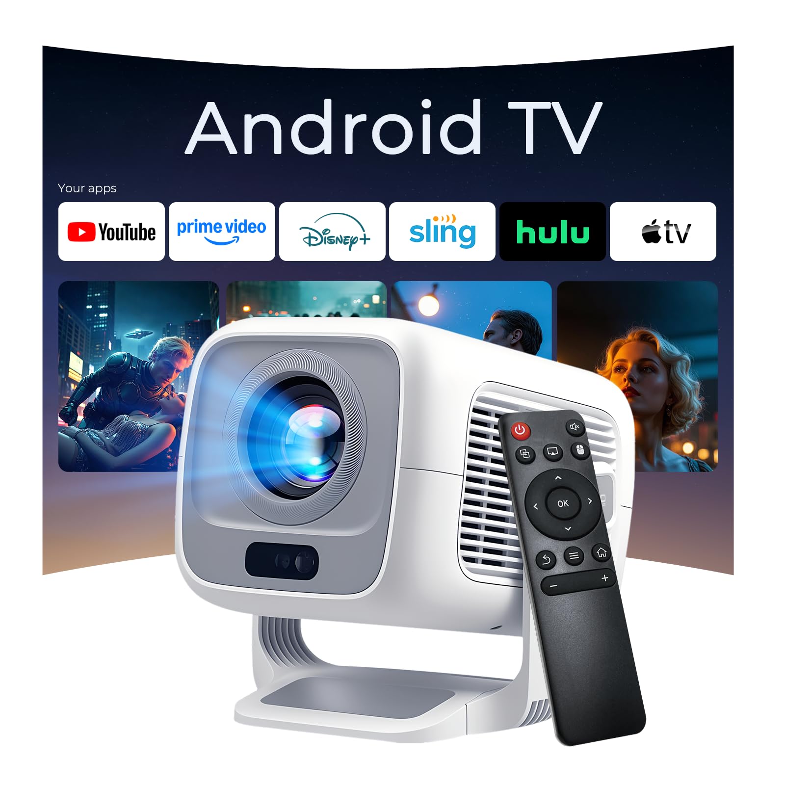 4K Support Native 1080P Smart Projector, 600 ANSI, Android TV, HiFi Speaker | Po