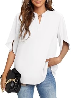 Funlingo Women's Summer Tops Short Sleeve Casual Shirts V Neck Chiffon Dressy Blouse Tops
