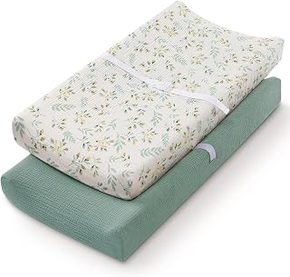 Blissful Diary Muslin Changing Pad Cover for Girls Boys, Ultra Soft Breathable Cotton, Baby Diaper Change Table Pad Covers, 2Pack (Roman Green&amp;Leaf)