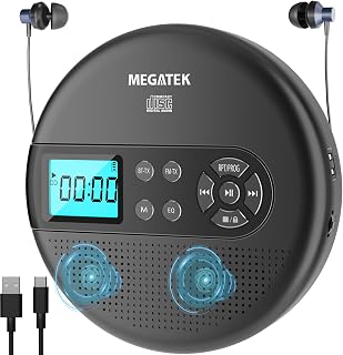 MEGATEK Portable CD Player with Bluetooth, Stereo Speakers, FM TX & USB | Bluetooth RX/TX, USB Playback, FM Transmitter for Car, Large LCD Display, Headphone Jack, Anti-Skip, Rechargeable Battery