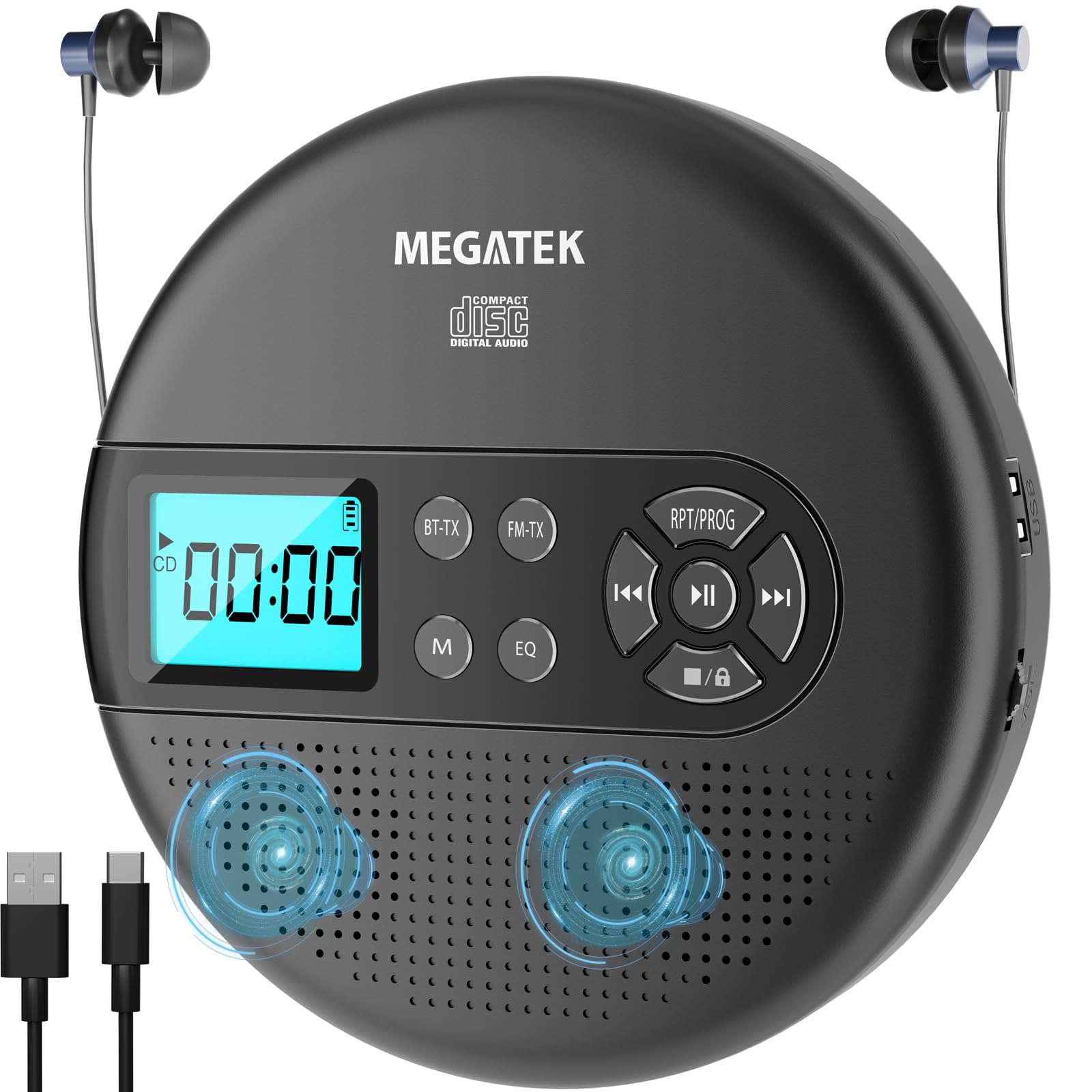 MEGATEK Portable CD Player with Bluetooth, Stereo Speakers, FM TX & USB | Blueto