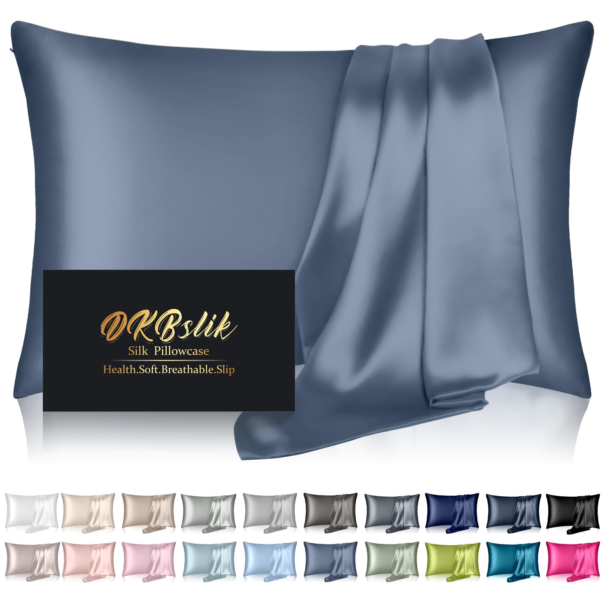 DKBslik Mulberry Silk Pillow Cases Standard Size with Zipper, Ash Blue | Silk Pi