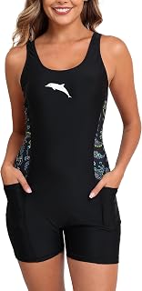 Halcurt Women's Athletic Racerback Pocket One Piece Swimsuit