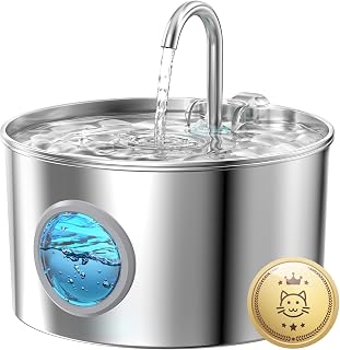 Stainless Steel Cat Fountain: Automatic Cat Drinker - Cat Fountain | 2.2L Silent Cat Water Fountains – Water Dispenser Cats and Dogs with Panoramic Window – Multiple Filtering