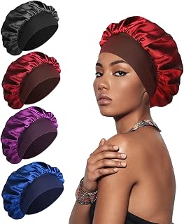 SWEET VIEW 4 Pieces Silk Bonnet, Silk Hair Wrap for Sleeping, Soft and Comfortable Satin Sleeping Cap, Black, Red, Navy, Purple