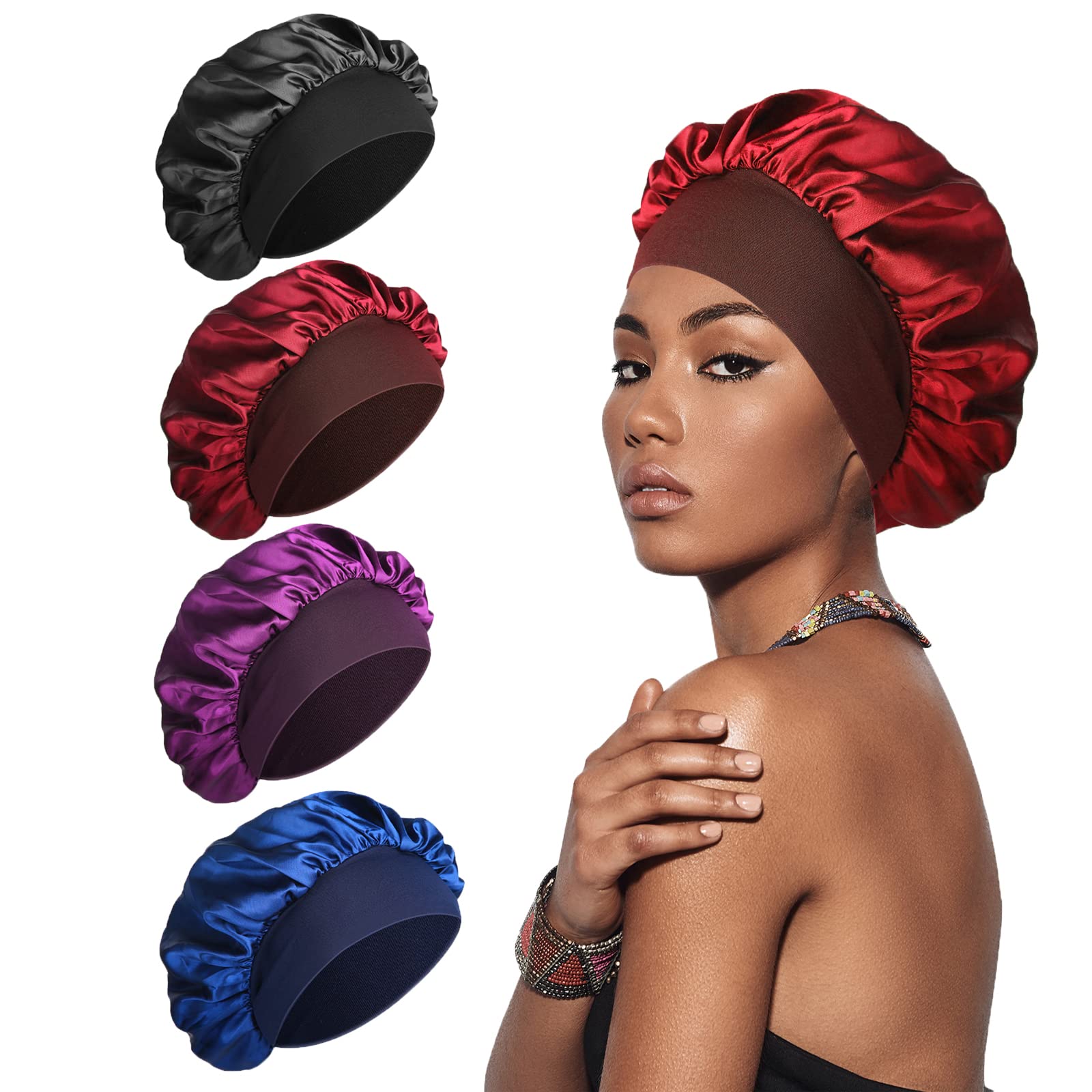 SWEET VIEW 4 Pieces Silk Bonnet, Silk Hair Wrap for Sleeping, Soft and Comfortab
