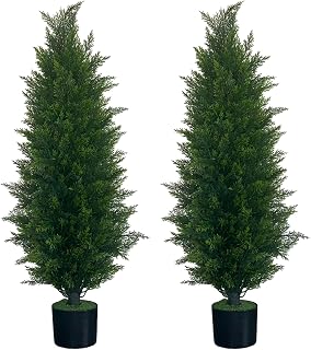 4ft(48”) Artificial Cedar Outdoor Artificial Shrub Sunlight Resistant Leafy Potted Plant for Indoor Porch of Home and Office Artificial Outdoor Tree 2 Pieces a Set Topiary Trees