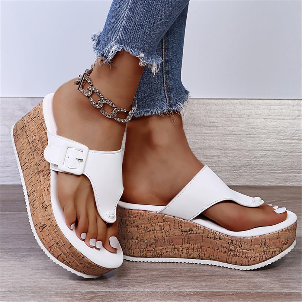 Women Wedge Flip Flops Cork Flip Flops Adjustable Buckle Platform Sandals Comfor