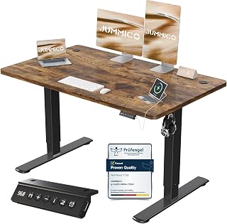 JUMMICO Electric Height Adjustable Desk, 120 x 60 cm, Panel 6 Keys with 4 Height Memories and USB Port, Brown Computer Desk, Pause Warning for Sedentary