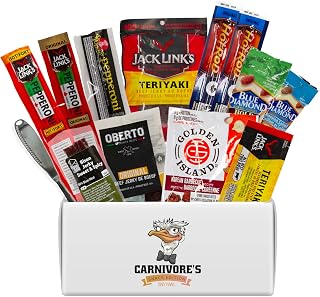 Carnivore's Jerky Snack Box: Assorted Beef Jerky by Top Brands with Local Bison Jerky, Blue Diamond Almonds, and Multi-Purpose Cheese Knife- 14 pieces - Perfect Gourmet Gift Set