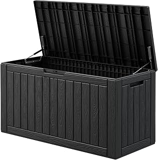KAMABOKO Outdoor Storage Box, 150 Gallon Deck Box Outdoor Waterproof | Resin Lockable Patio Storage Box with Hydraulic Rod, Outside Storage Bench for Patio Cushion, Garden Tool, Pool Supply, Black