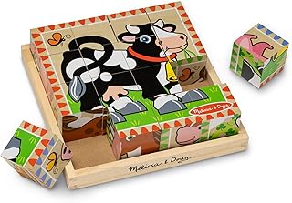 Melissa & Doug Farm Wooden Cube Puzzle with Storage Tray | 17 Pieces, 16 Wooden Cubes, 6 Farm Animal Scenes, Sorting and Matching Puzzle Play, Preschool Learning Toys for Kids, Ages 3+