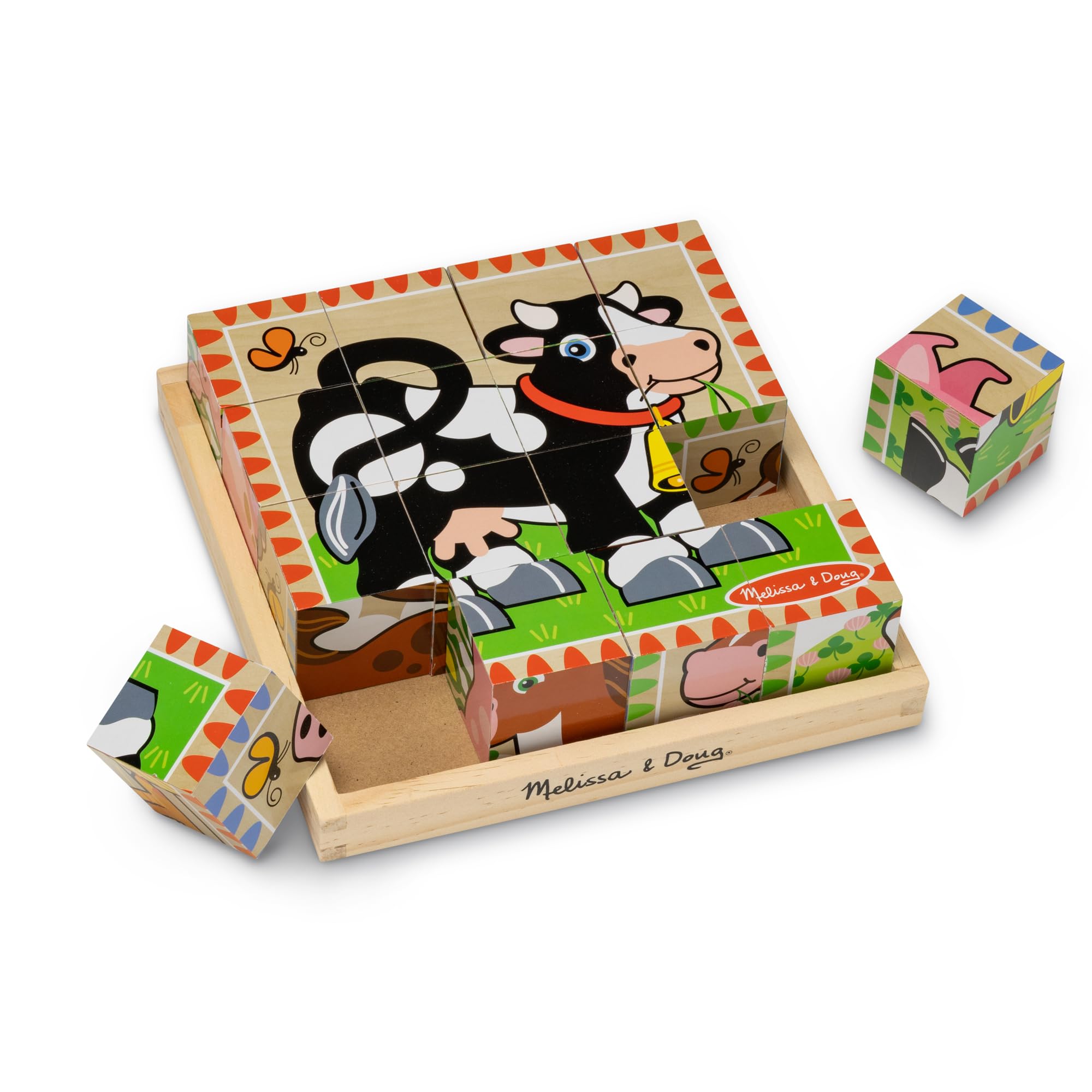 Melissa & Doug Farm Wooden Cube Puzzle with Storage Tray | 17 Pieces, 16 Wooden 