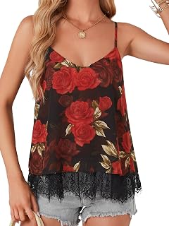 LYANER Women's Chiffon Lace Trim Sexy Cami Shirts