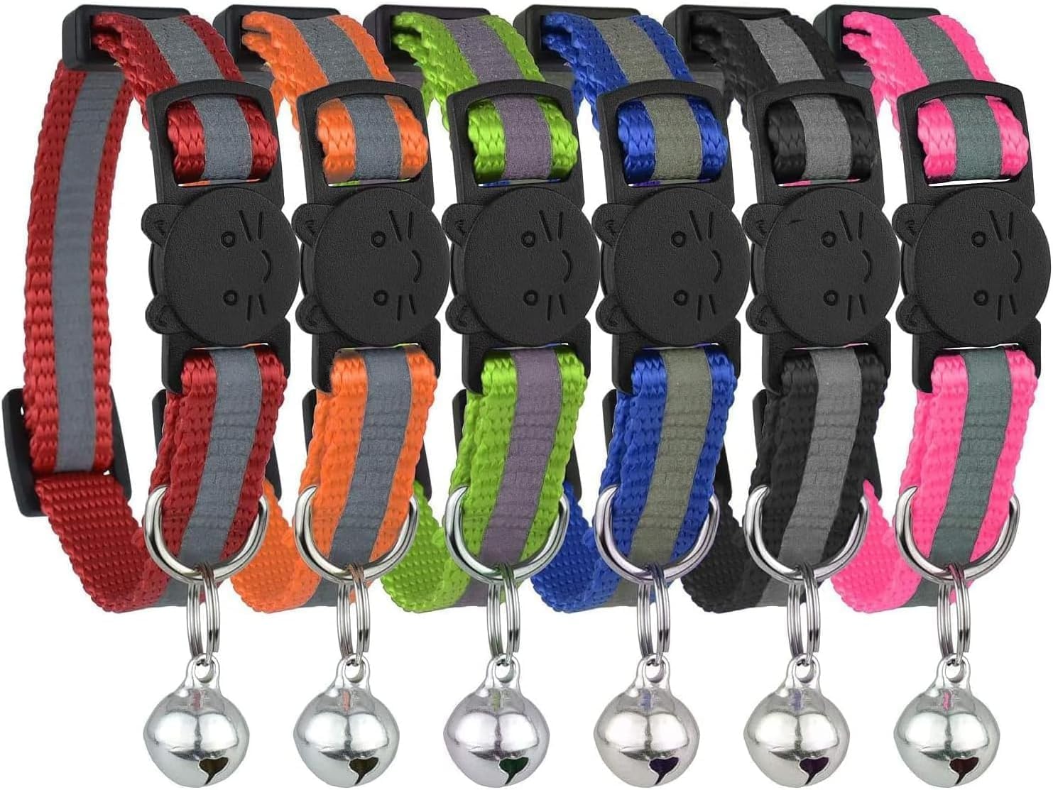 Reflective Cat Collar with Bell, Set of 6, Solid & Safe Collars for Cats, Nylon,