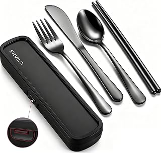Travel Cutlery Set with Case, Stainless Steel Camping Utensils, Reinforced Case with Snap-Lock Closure, Include Fork Spoon Knife Chopsticks, Portable Lunch Box Silverware for Picnic Office, Black