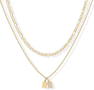 PAVOI Initial Necklace for Women, 14K Gold Plated Double Dog Tag CZ Pendant