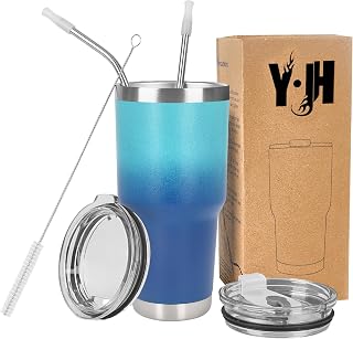 Y·J&H 30oz (850ml) Doppelwandig Vakuum Isolierter Autobecher, Edelstahl Reiseflasche, Thermobecher Kaffee to Go mit 2 Spritzfestem Deckel 2 Strohhalm, Rohrbürste,BPA Free - Türkis&Blau