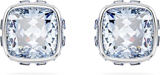 Swarovski Birthstone stud earrings, Square cut, March, Blue, Rhodium Finished