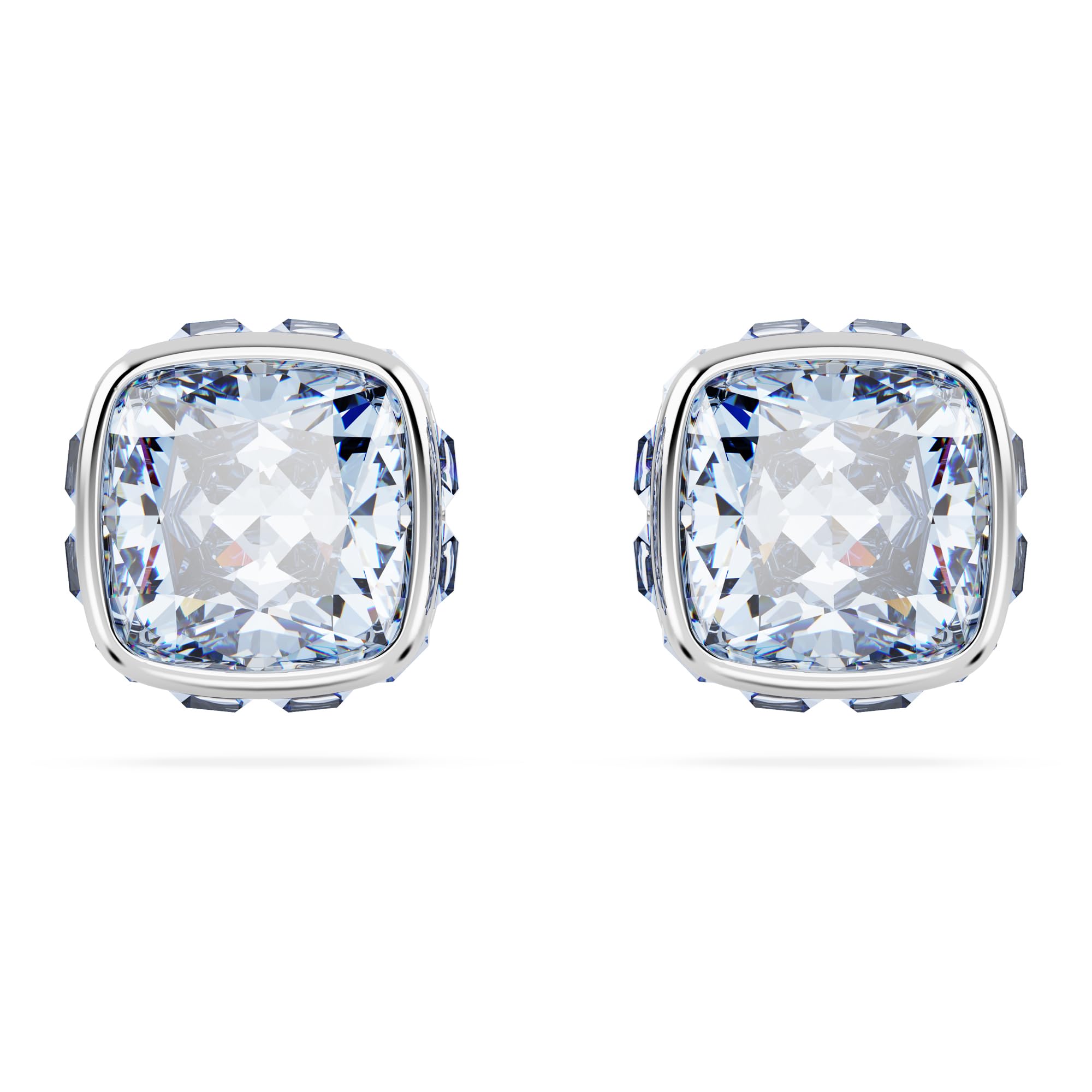 Swarovski Birthstone stud earrings, Square cut, March, Blue, Rhodium Finished
