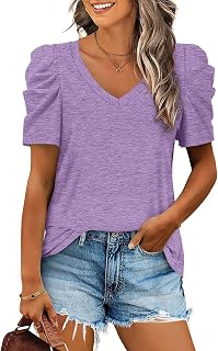 LCXWFE Womens Summer Casual Puff Sleeve V Neck T Shirts