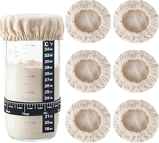 8-Piece Sourdough Starter Jar Covers Cloth Kit - Fits 3-4'' Mason Jars | 6 Reusable Linen Covers, Thermometer & Feeding Tracker -Baker's Essential Set Washable Cotton Cloth Bowl