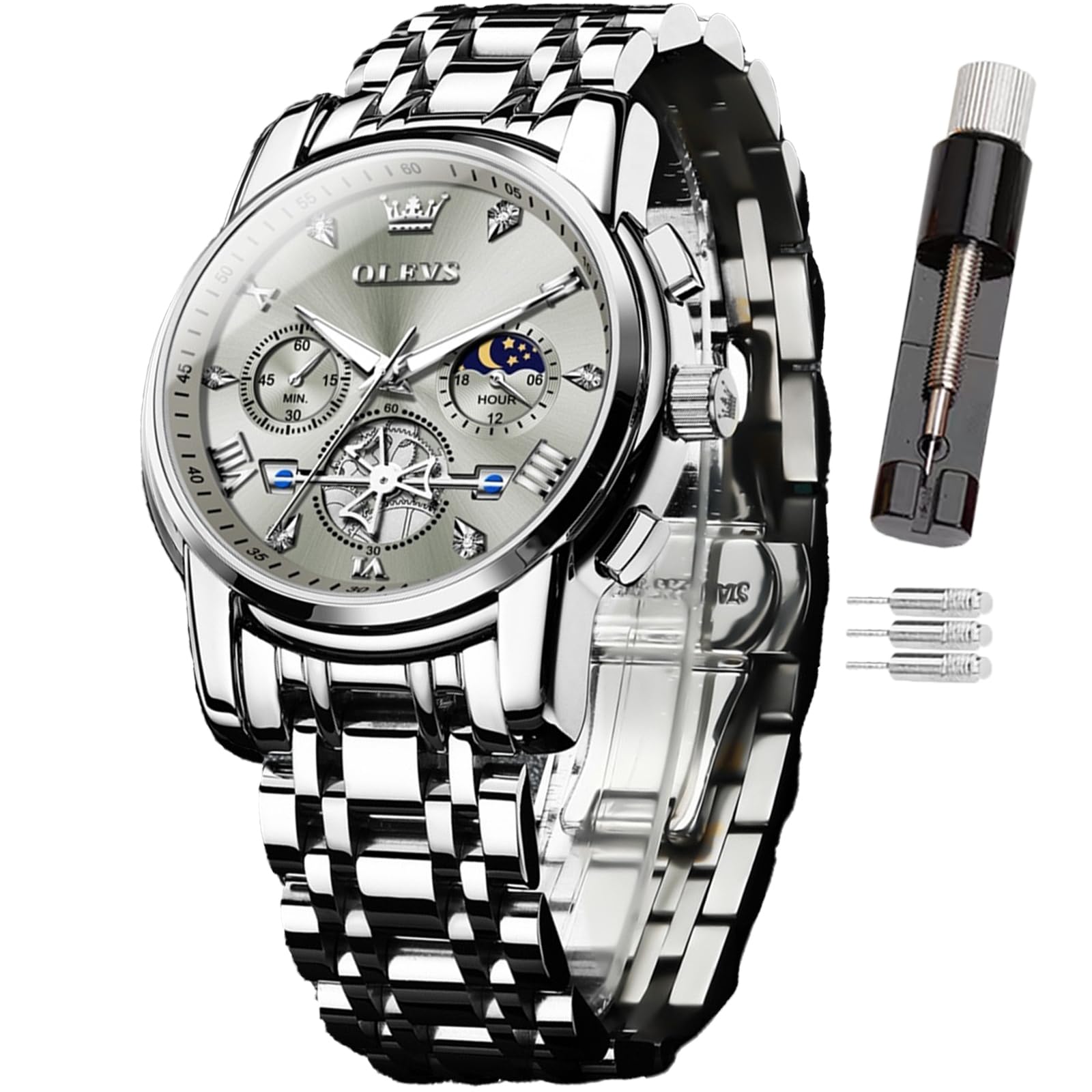 OLEVS Reloj para Hombre, con código de Tiempo, Correa de Acero Inoxidable, Resis