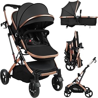 Baby Stroller, 2 in 1 Convertible Bassinet Mode Newborn to Toddler | Reversible Seat UPF Canopy, Shock Absorption Infant Stroller with Five-Point Harness, for Daily Strolls Shopping (Black)