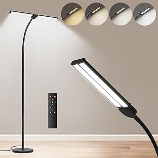 VrimNowit LED Floor Lamp for Living Room,Bright Reading Lamps for Office | 5 Adjustable Colors Temperatures&Brightness, Dual Head Goose-Neck Standing Lamp, Remote Control, Eye Caring Tall Lamp, Black