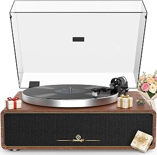 Seasonlife® All-in-One Record Player with 4 Speakers & Bluetooth, Brown | High-Fidelity Belt-Driven, AT3600L Magnetic Cartridge, 4 Built-in Stereo Speakers, Bluetooth Input, AUX In,RCA Phono/Line Out