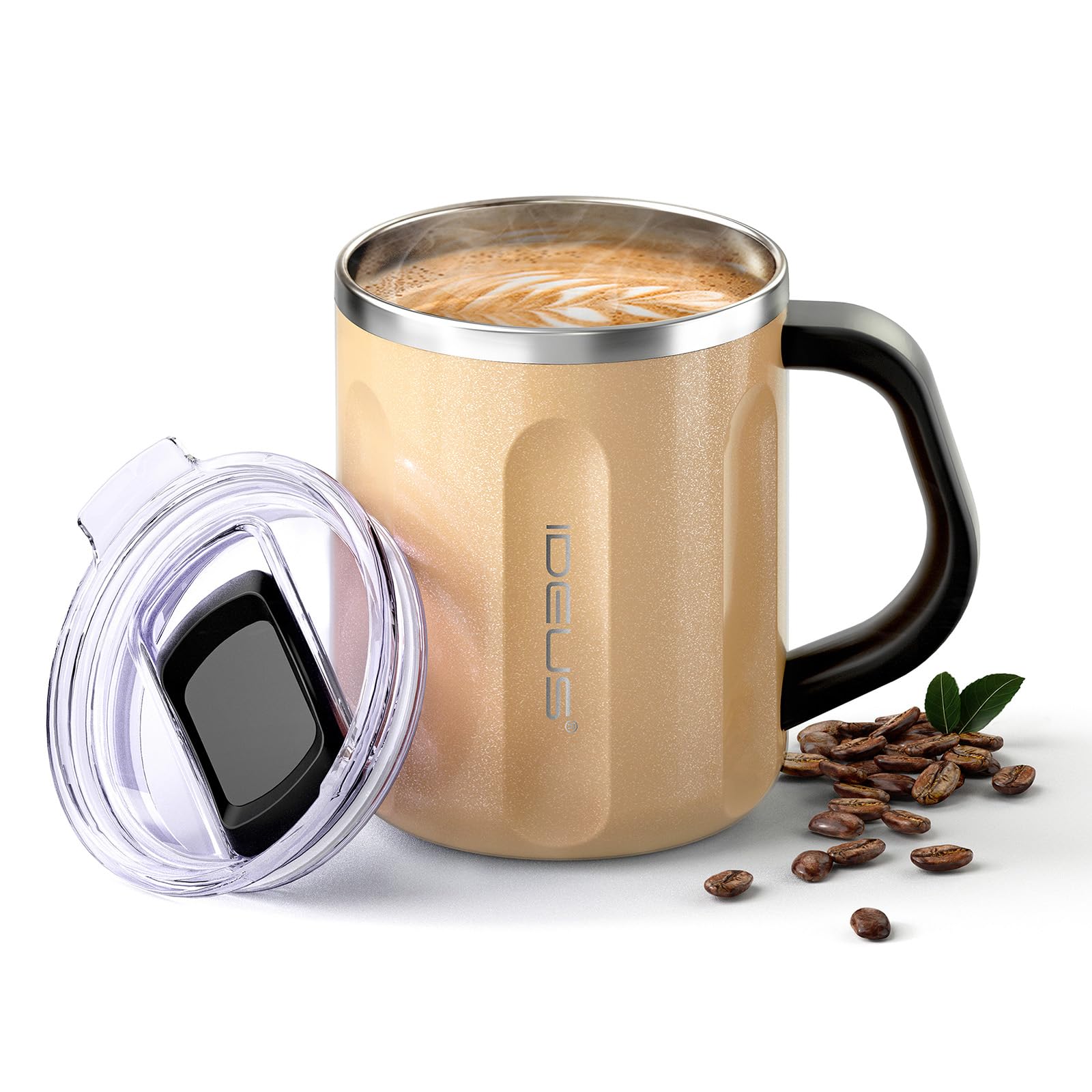 Ideus 16 oz Insulated Coffee Mug with Lid and Handle (Golden, FUJI FLOW)