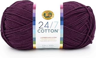 Lion Brand Yarn, 24/7 Cotton Yarn, Eggplant, Purple, 1 Pack | Light Worsted 100% Mercerized Cotton Yarn for Crochet, Knitting, Craft, 185 Yards of Natural Fiber for Tees, Bags, Dishcloths