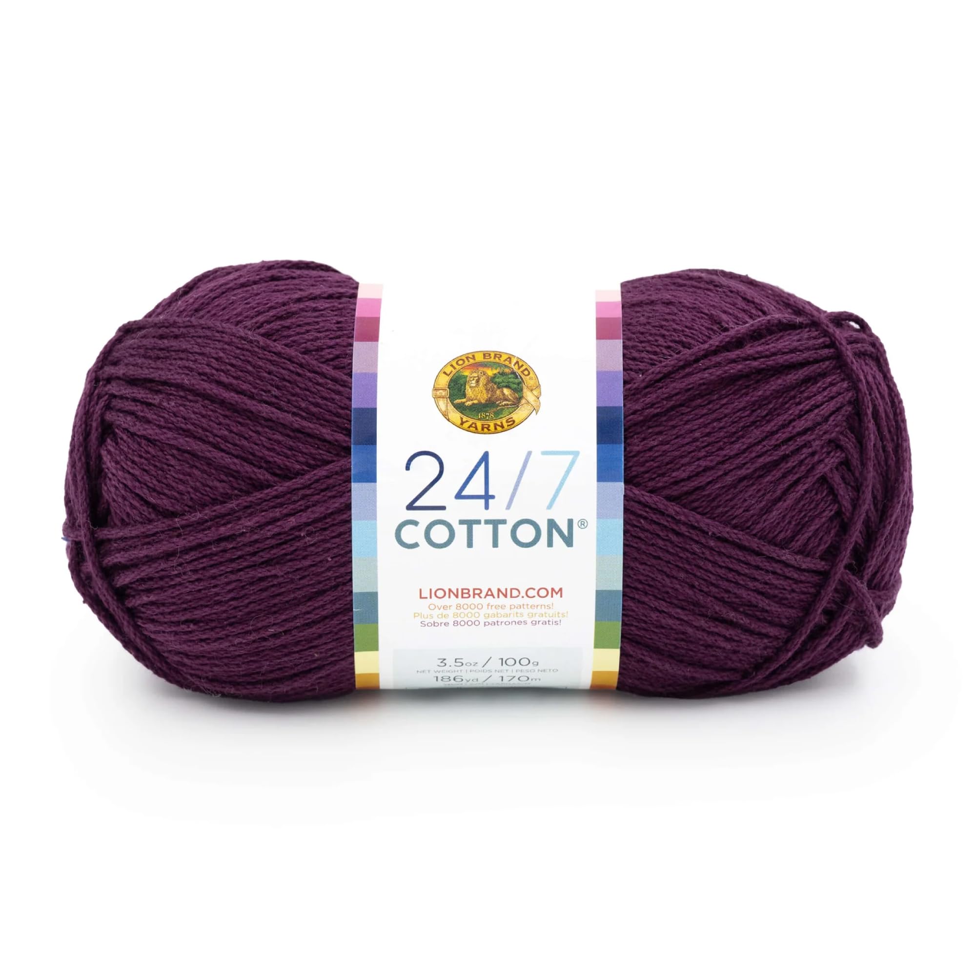 Lion Brand Yarn, 24/7 Cotton Yarn, Eggplant, Purple, 1 Pack | Light Worsted 100%