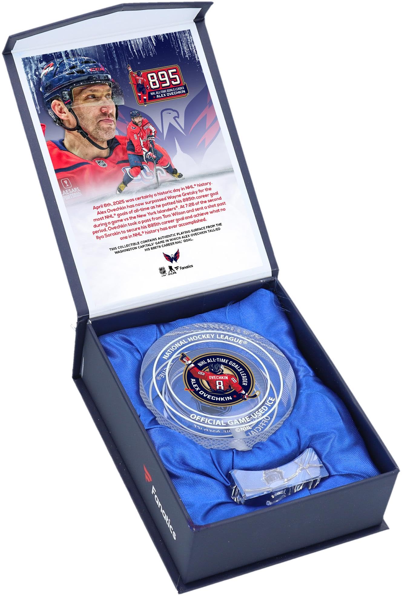 Alex Ovechkin Washington Capitals 895th Goal Crystal Puck - Filled with Game-Use