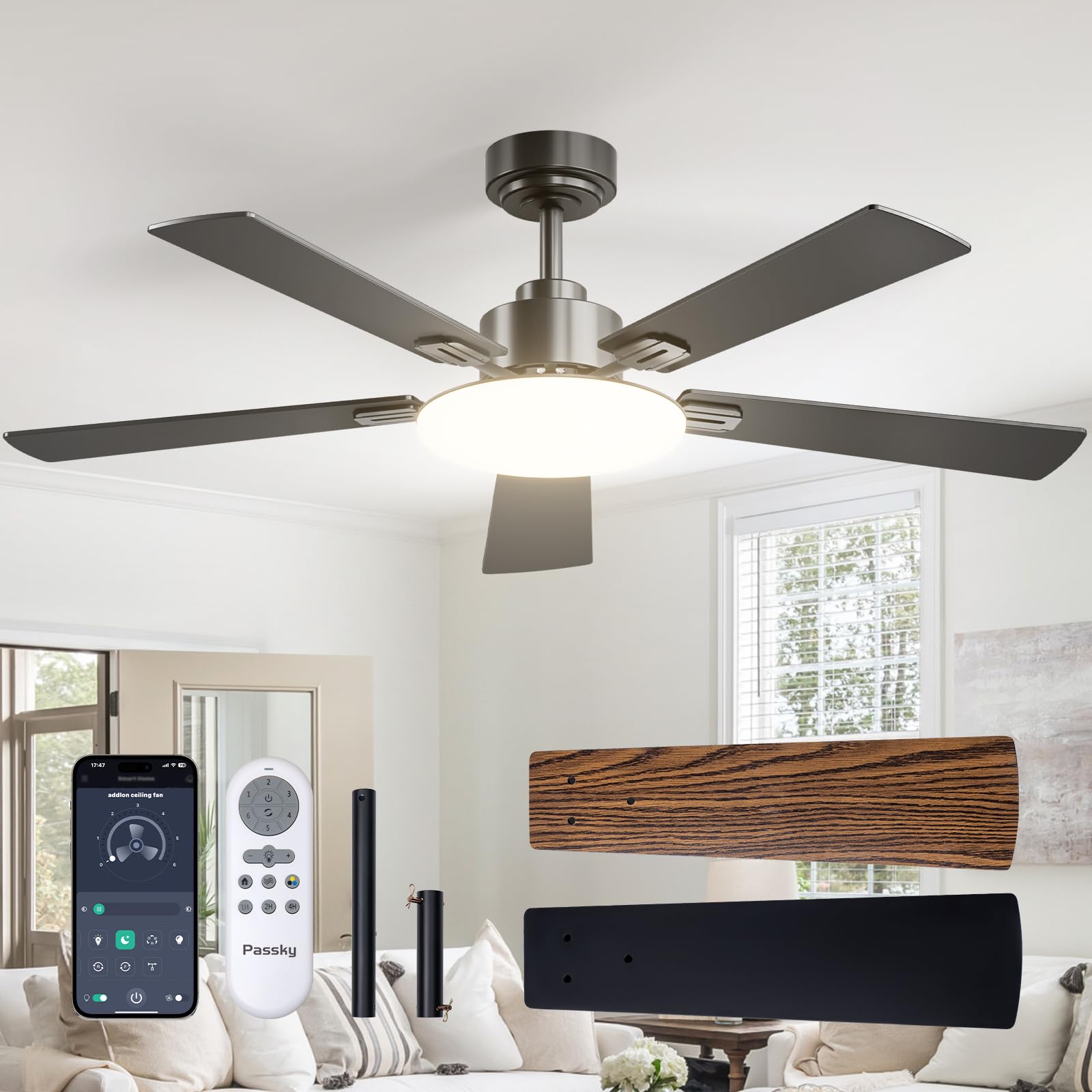 Passky 52 Inch Black Sleek Ceiling Fans with Lights, Remote Control | 3-color di