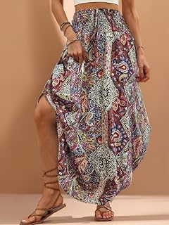 Women Boho Floral Fluid Elastic High Waist Pleated A-Line Long Skirt