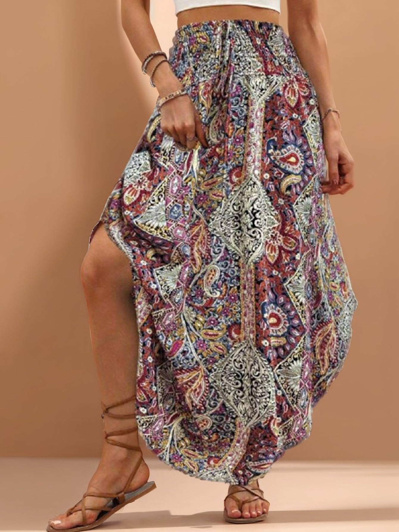Women Boho Floral Fluid Elastic High Waist Pleated A-Line Long Skirt