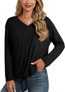 Camisetas de manga larga con cuello en V para mujer, blusa básica con cordón, dobladillo elástico, para primavera y otoño, túnica de moda 2026