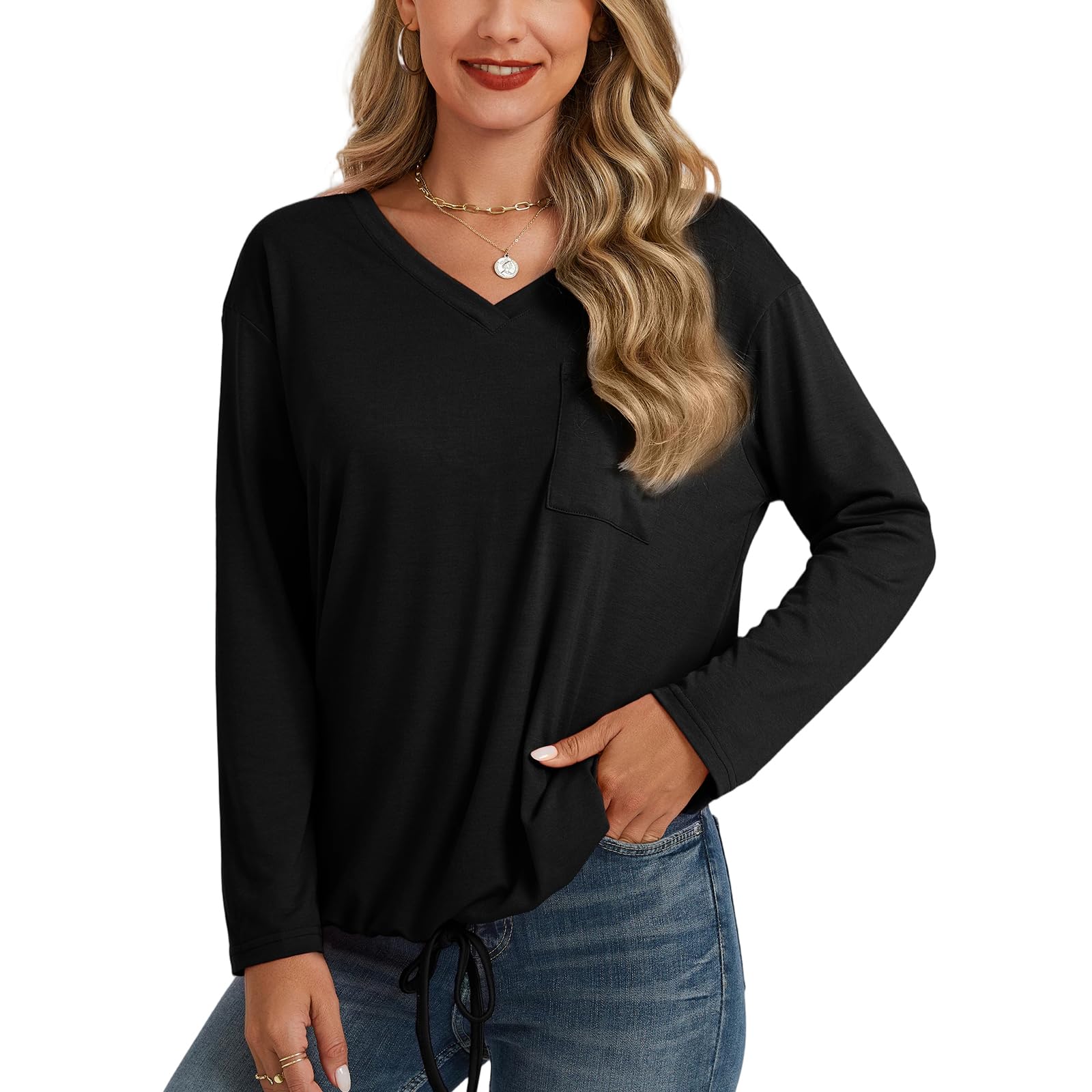 Camisetas de manga larga con cuello en V para mujer, blusa básica con cordón, do