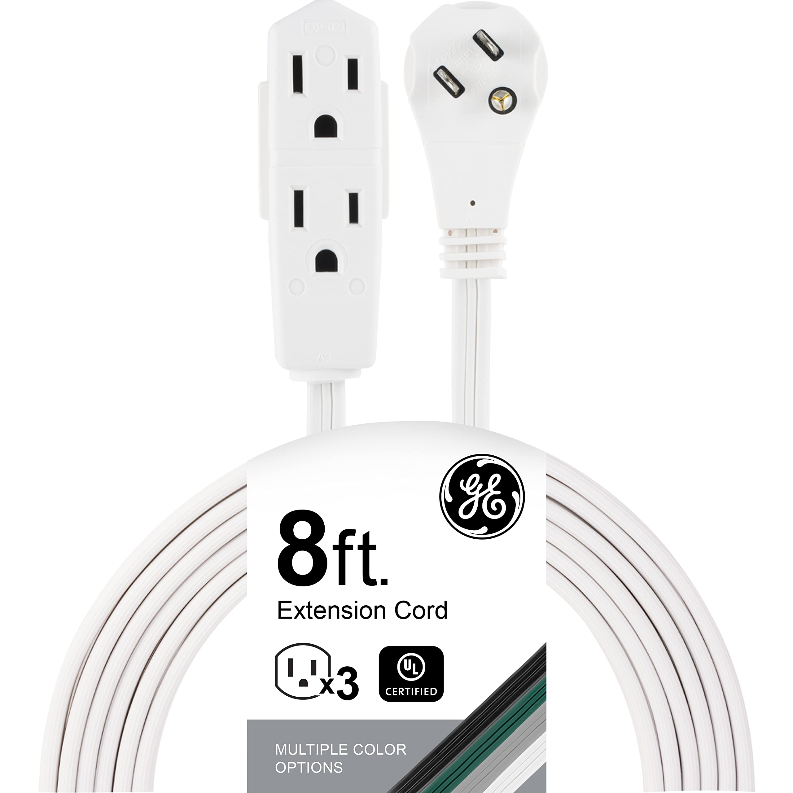 GE 3-Outlet Flat Plug Extension Cord 8 Ft Grounded Extension Cord | Multiple Out