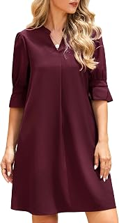 Enmain Womens V Neck Summer Dresses Casual Knee Length Ruffle Half Sleeve Shift Dress with Pockets