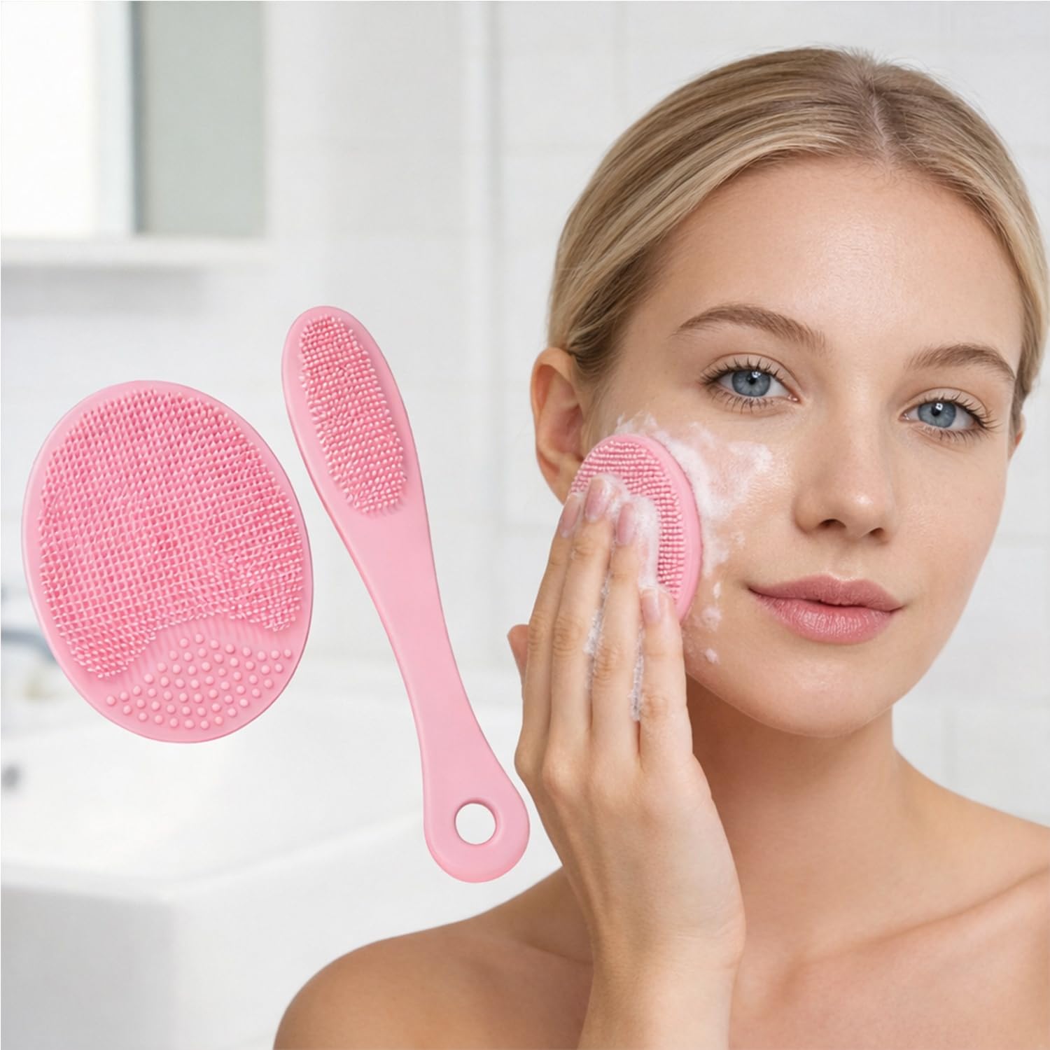 Set of 2 Manual Silicone Facial Wash Brush for Sensitive Skin Home Travel Pink