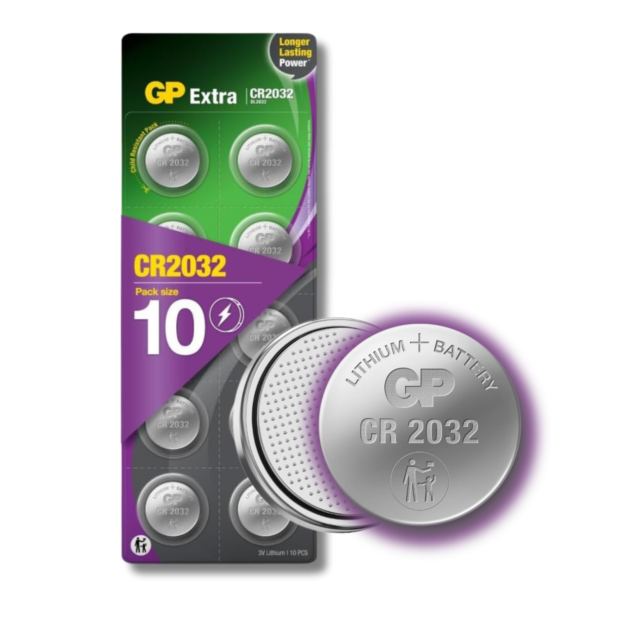 GP Extra CR2032 3V Lithium Coin Batteries – Pack of 10, AirTag & Key Fob