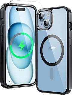 FNTCASE Magnetic for iPhone 15/14/13 Case, Clear Black | Fit for Magsafe, with Screen Protector, Military Grade Drop Protection Cover, Slim Phone Cases, Shockproof Bumper