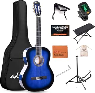 ADM Full Size Classical Nylon Strings Acoustic Guitar 39 Inch Classic Guitarra Starter Bundle for Adult with Free Lessons, Gig Bag, E-tuner, Footstool, Teens Student Beginner Kits (Blue, 39 Inch)